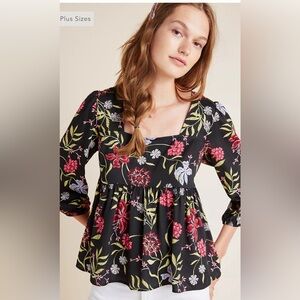 DOLAN LEFT COAST Black Floral Babydoll Blouse Top With 3/4 Sleeves Size Small